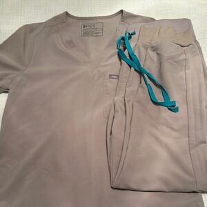 Figs Women's Scrub Set in Taupe with Teal Accents